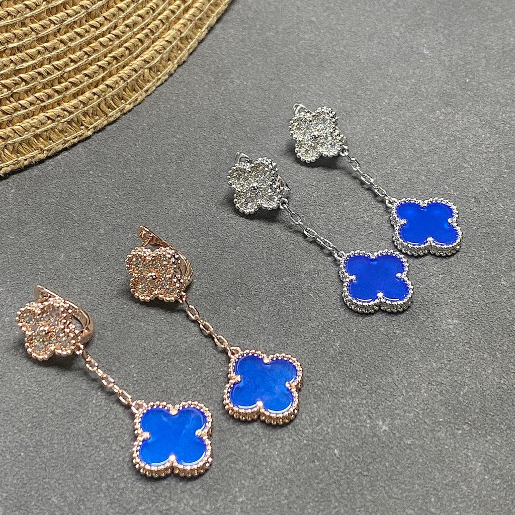 VAE53  Women's new blue chalcedony diamond studded two flower earring jewelry
